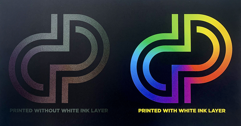 A white ink layer underneath color printing helps ensure color accuracy on dark substrates. 